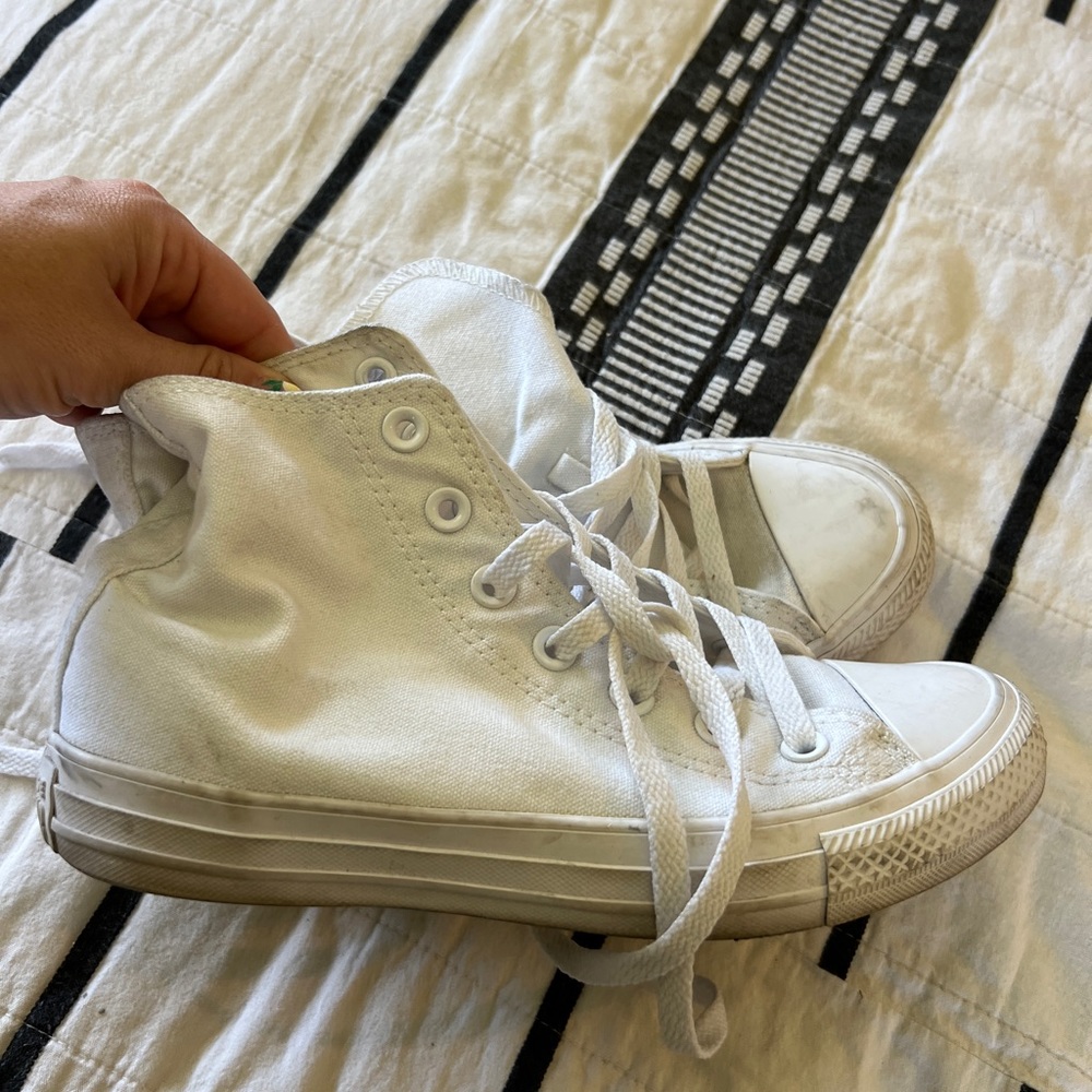 All white monochrome high top chuck taylor converse  fits a 7.5